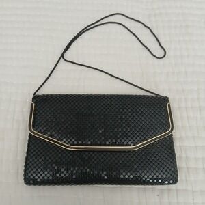 Vintage 80s Retro Black w/Gold Accent Mesh Shoulder Bag Evening Clutch Purse/Bag